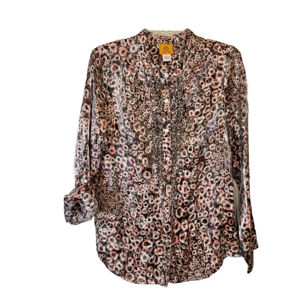 Ruby Rd Animal Print Metallic Top Roll Tab Sleeve Woman Sz‎ 14 Pink Blouse